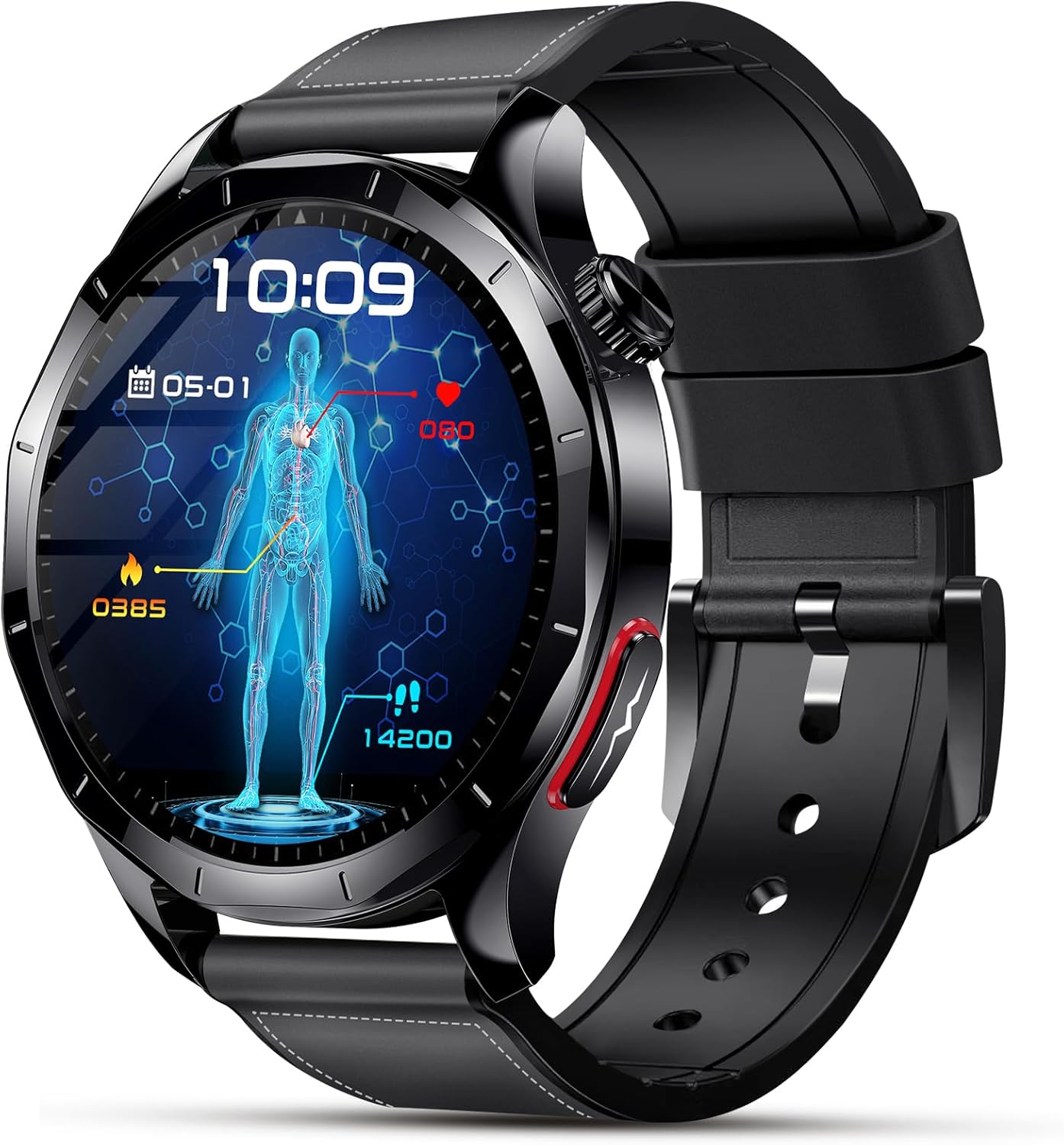 Smart Watch for Men Women, 1.43 AMOLED HD Health Watch with Answer/Make Call 24H Heart Rate Blood Pressure SpO2 Stress Sleep Monitor SOS Call Fitness Watch (Black Leather)